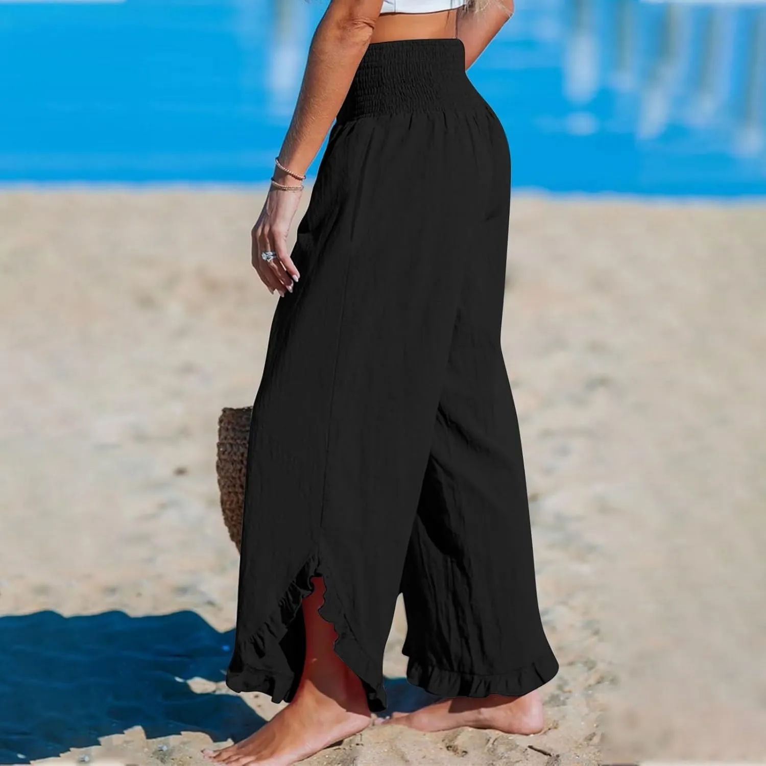 Womens Linen Pants 2025 Summer Wide Leg Elastic High Waist Pants with Pocket Flowy Casual Vocation Beach Trousers