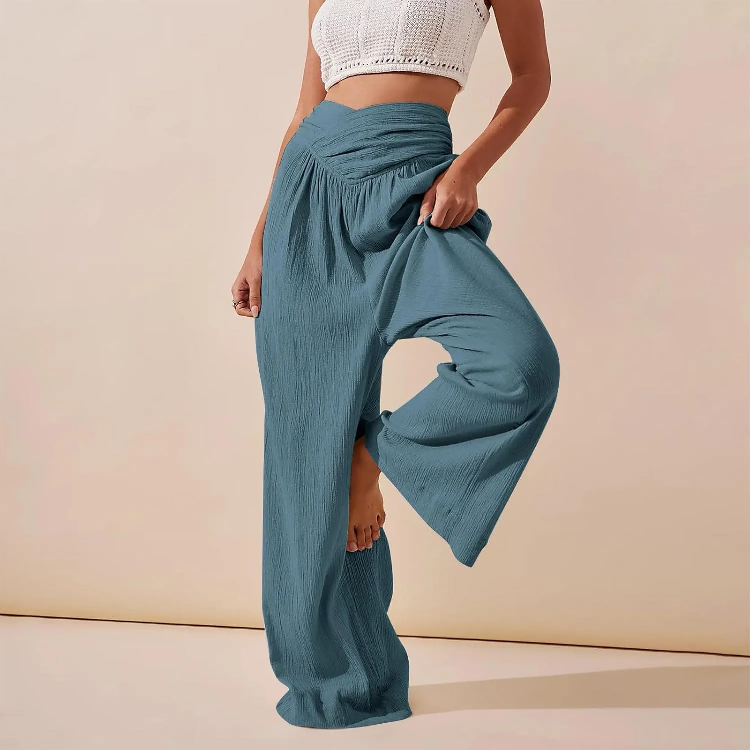 Womens Linen Pants Crossover High Waisted Wide Leg Pants Summer Casual Beach Pants Flowy Palazzo Pants with Pockets
