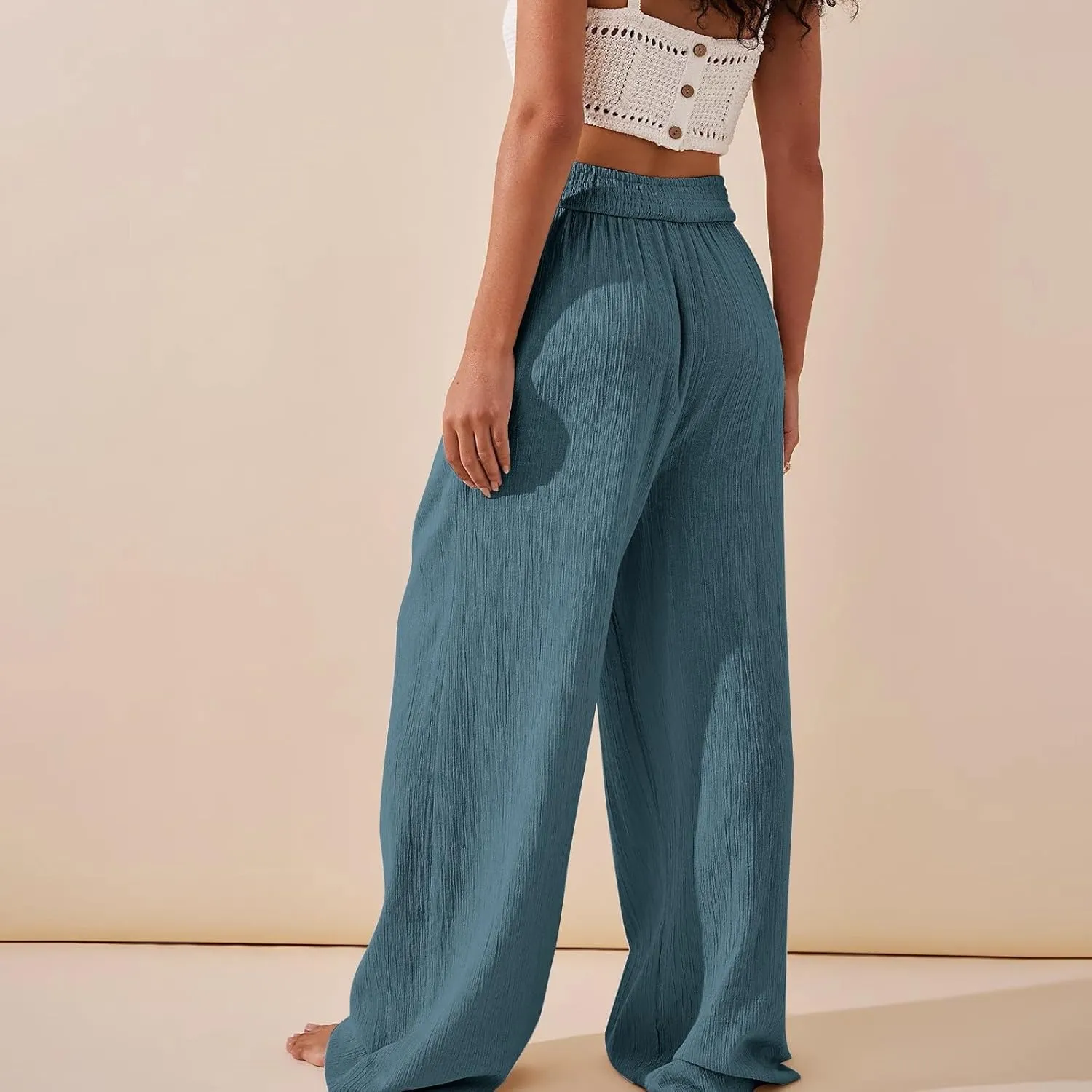 Womens Linen Pants Crossover High Waisted Wide Leg Pants Summer Casual Beach Pants Flowy Palazzo Pants with Pockets