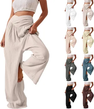 Womens Linen Pants Crossover High Waisted Wide Leg Pants Summer Casual Beach Pants Flowy Palazzo Pants with Pockets