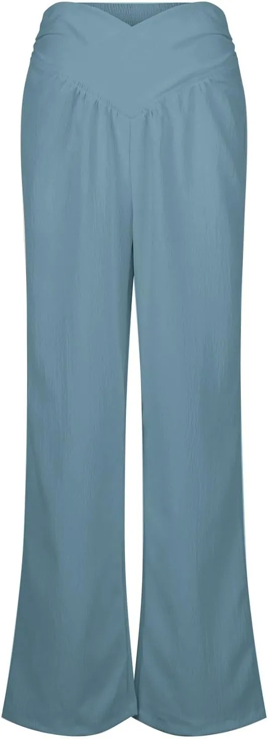 Womens Linen Pants Crossover High Waisted Wide Leg Pants Summer Casual Beach Pants Flowy Palazzo Pants with Pockets