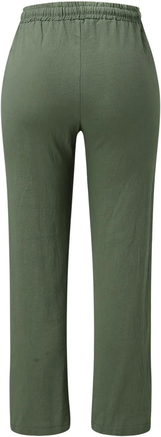 Womens Linen Pants with Pocket,Plus Size Elastic High Waist Trousers Drawstring Straight Leg Loose Beach Lounge Pants