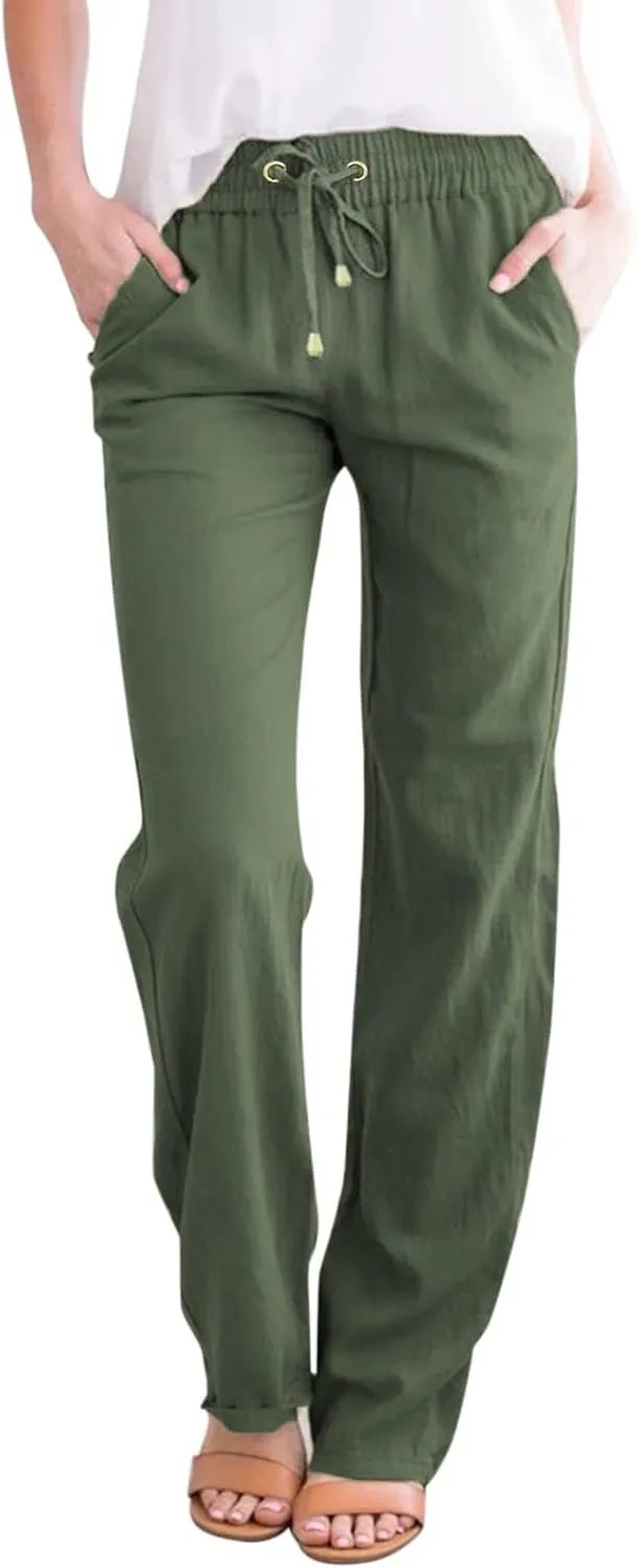 Womens Linen Pants with Pocket,Plus Size Elastic High Waist Trousers Drawstring Straight Leg Loose Beach Lounge Pants