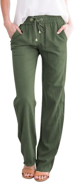 Womens Linen Pants with Pocket,Plus Size Elastic High Waist Trousers Drawstring Straight Leg Loose Beach Lounge Pants