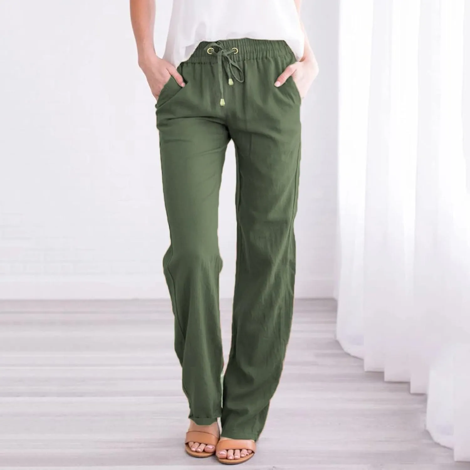 Womens Linen Pants with Pocket,Plus Size Elastic High Waist Trousers Drawstring Straight Leg Loose Beach Lounge Pants