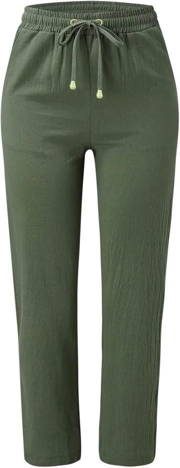 Womens Linen Pants with Pocket,Plus Size Elastic High Waist Trousers Drawstring Straight Leg Loose Beach Lounge Pants