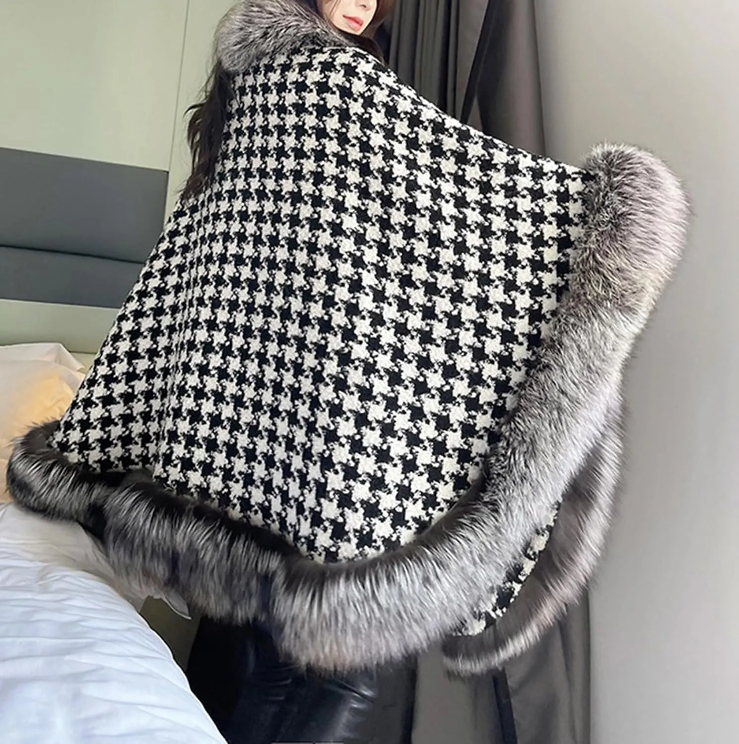 Women's Long Faux Fur Cloak Warps Shawls,Warm Shaggy Parka Coats Outwear Capes