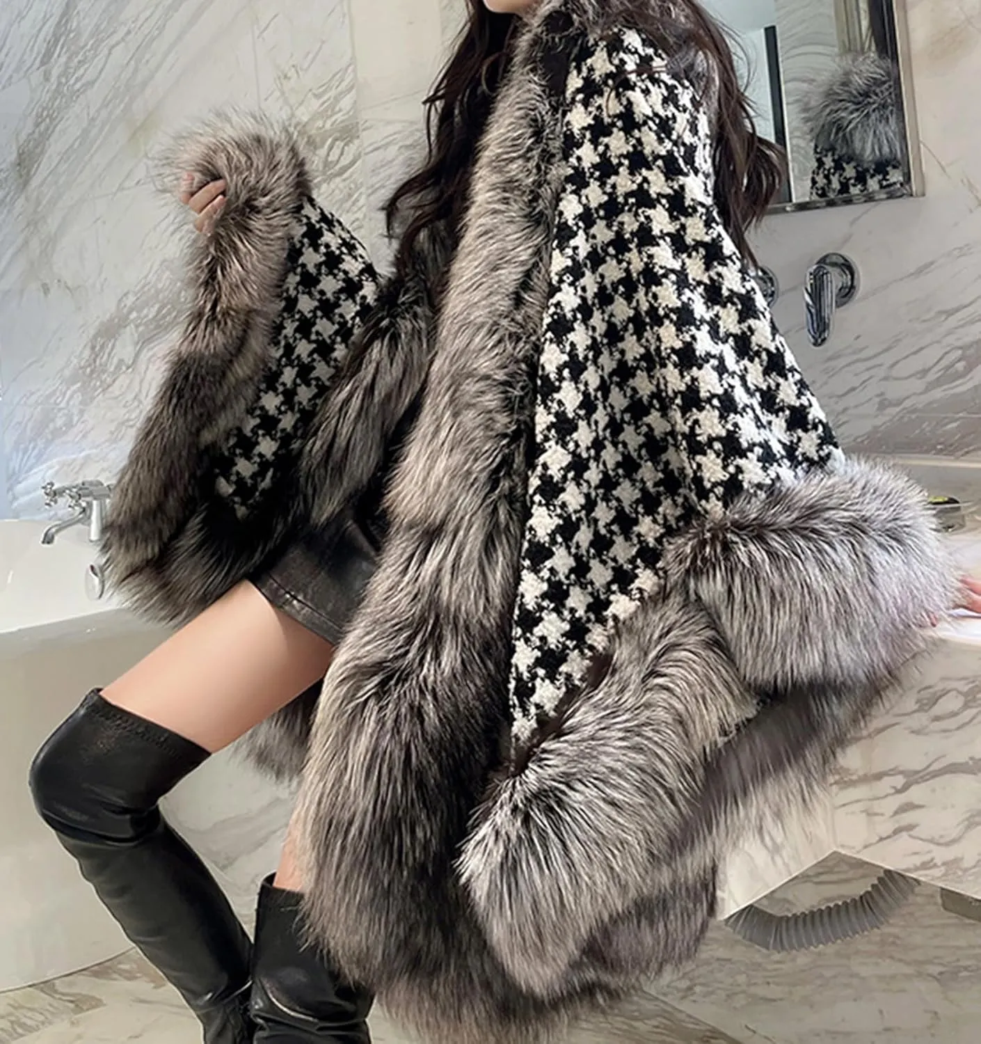 Women's Long Faux Fur Cloak Warps Shawls,Warm Shaggy Parka Coats Outwear Capes