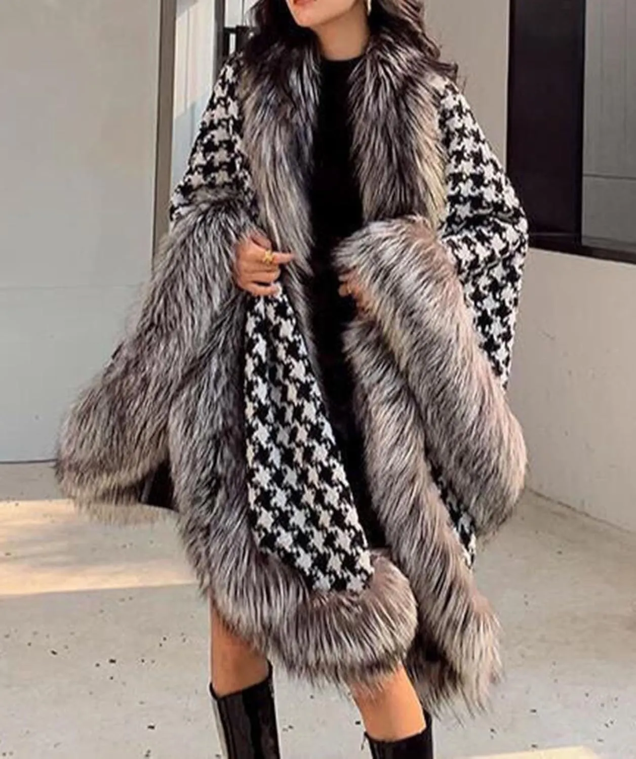 Women's Long Faux Fur Cloak Warps Shawls,Warm Shaggy Parka Coats Outwear Capes