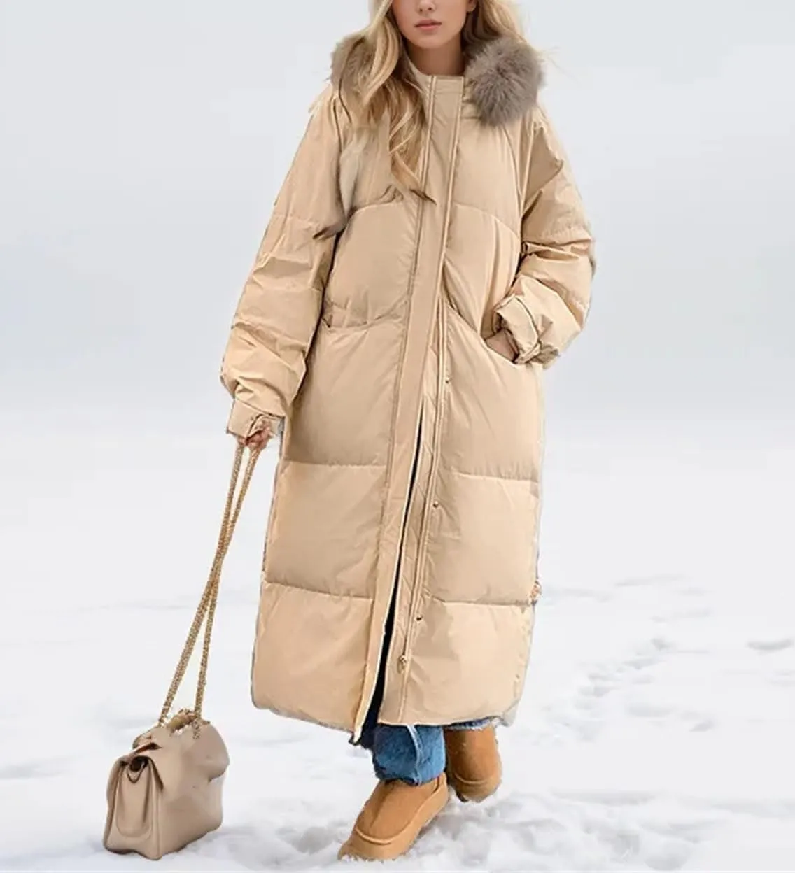 Women's Long Over-The-Knee Parkas Coats Thicken Vintage Plush Hooded Cotton-Padded Jacket