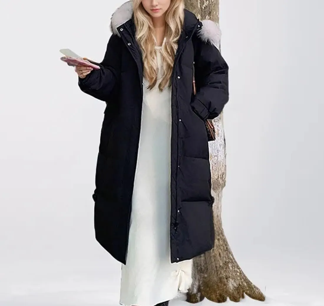 Women's Long Over-The-Knee Parkas Coats Thicken Vintage Plush Hooded Cotton-Padded Jacket