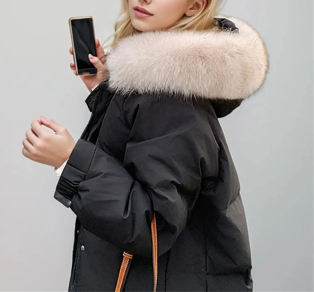 Women's Long Over-The-Knee Parkas Coats Thicken Vintage Plush Hooded Cotton-Padded Jacket