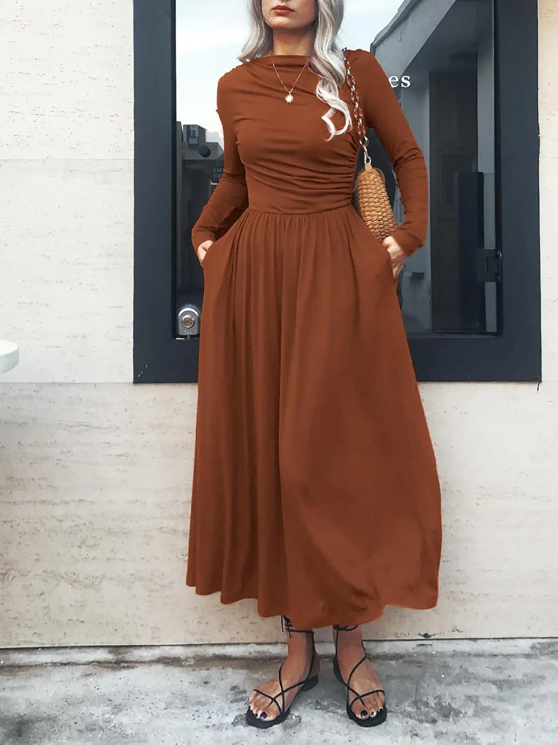 Women's Long Sleeve Maxi Dress 2024 Fall Crewneck Knit Plain Empire Waist Casual Slim Pleated Dresses with Pockets