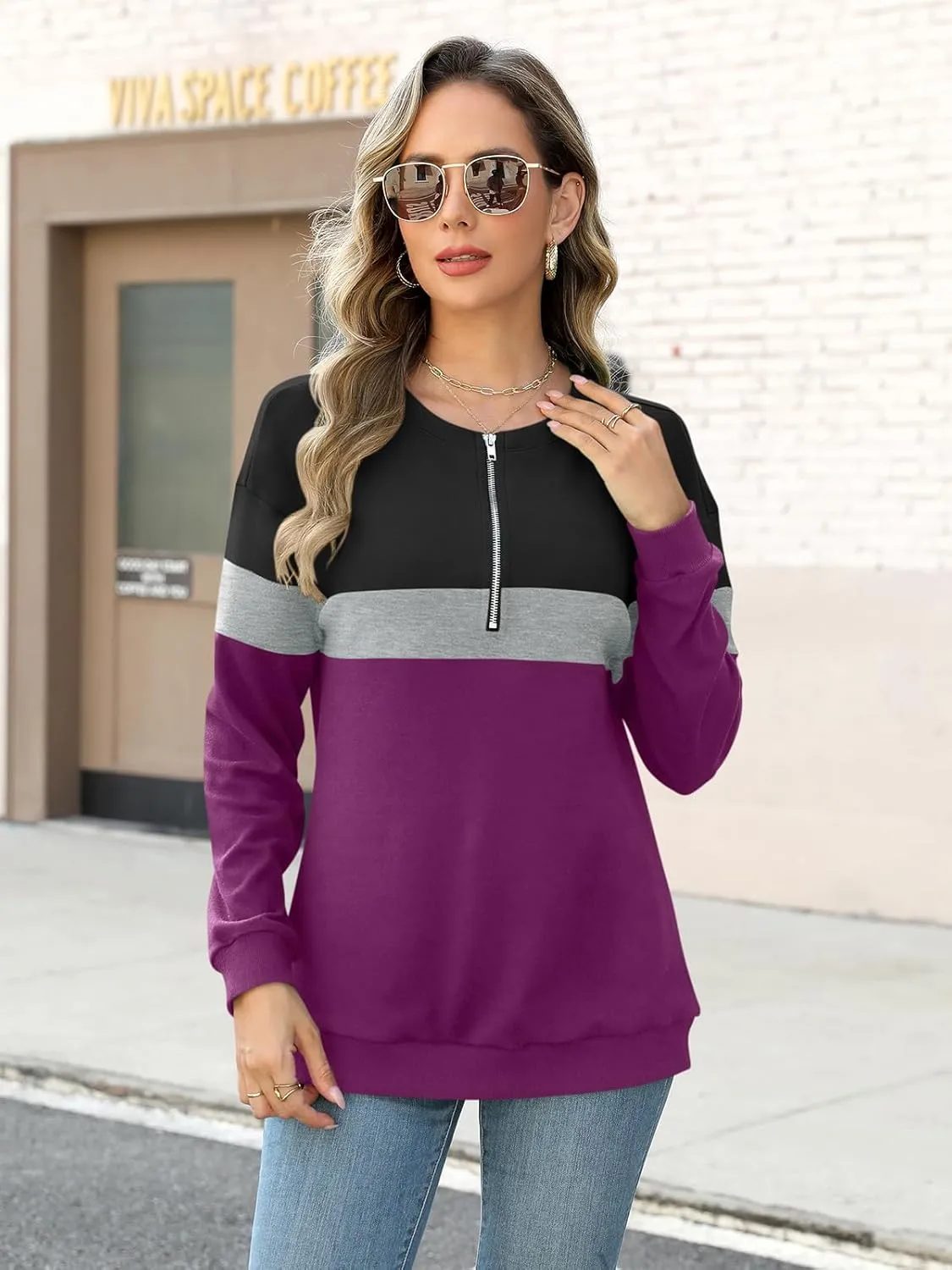 Womens Long Sleeve Shirts Half Zip Sweatshirts Quarter Zipper Fall Tops Pullover