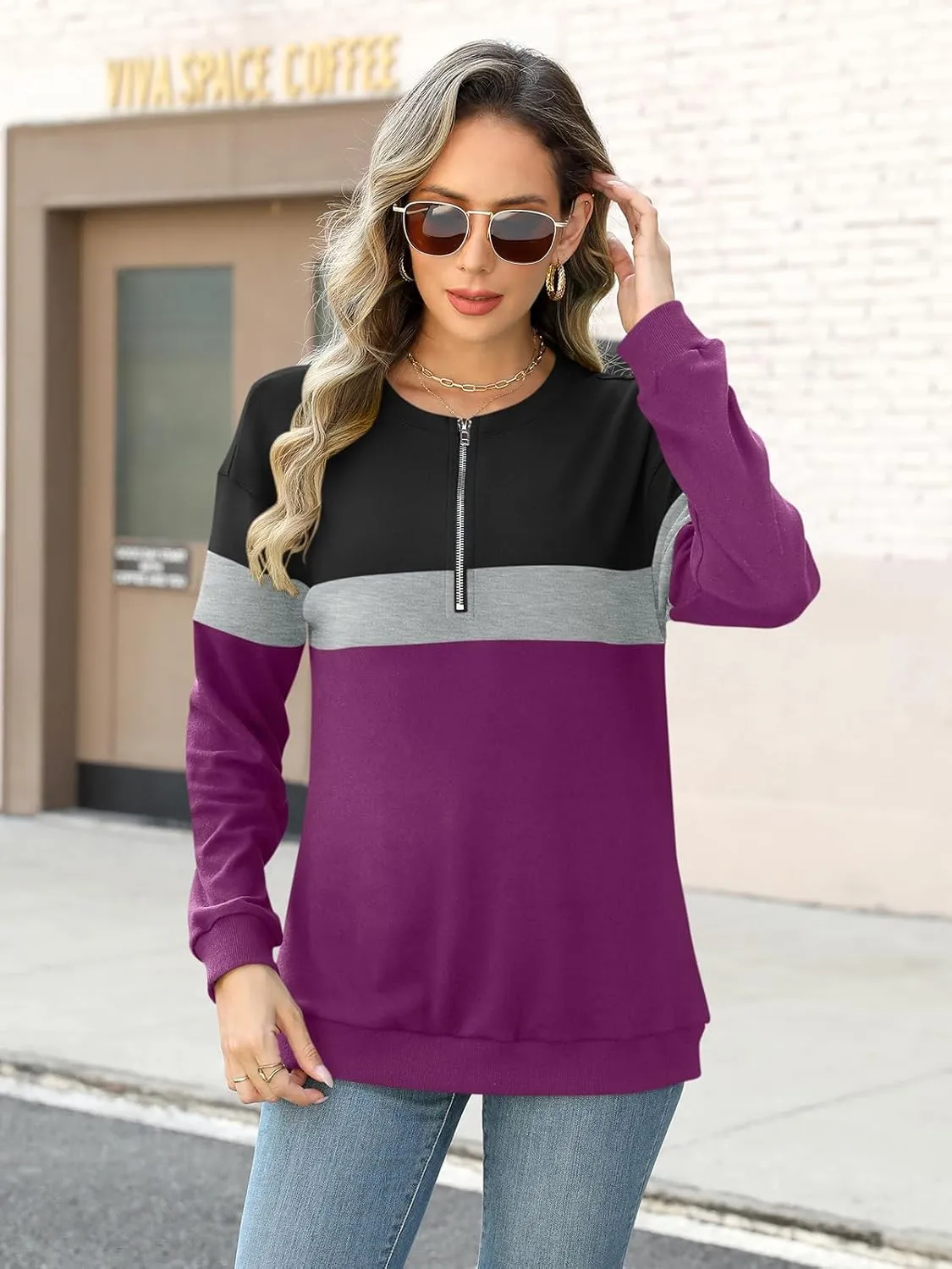 Womens Long Sleeve Shirts Half Zip Sweatshirts Quarter Zipper Fall Tops Pullover