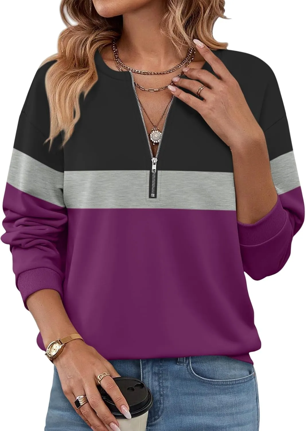 Womens Long Sleeve Shirts Half Zip Sweatshirts Quarter Zipper Fall Tops Pullover