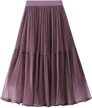 Women's Mesh Tulle Fairy Skirt Elegant Trendy High Waisted A Line Pleated Layered Midi Skirt