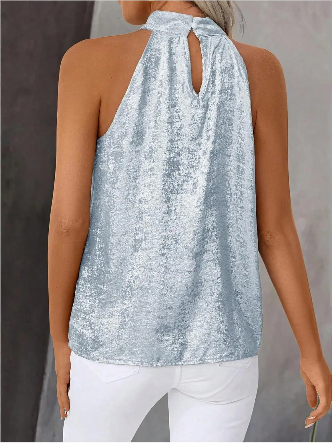 Women's Metallic Sleeveless Halter Tops Pleated Elegant Tank Top Casual Summer Work Shirts