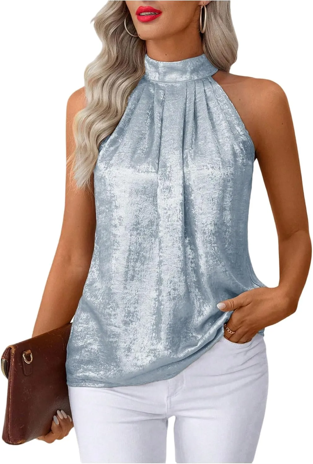 Women's Metallic Sleeveless Halter Tops Pleated Elegant Tank Top Casual Summer Work Shirts