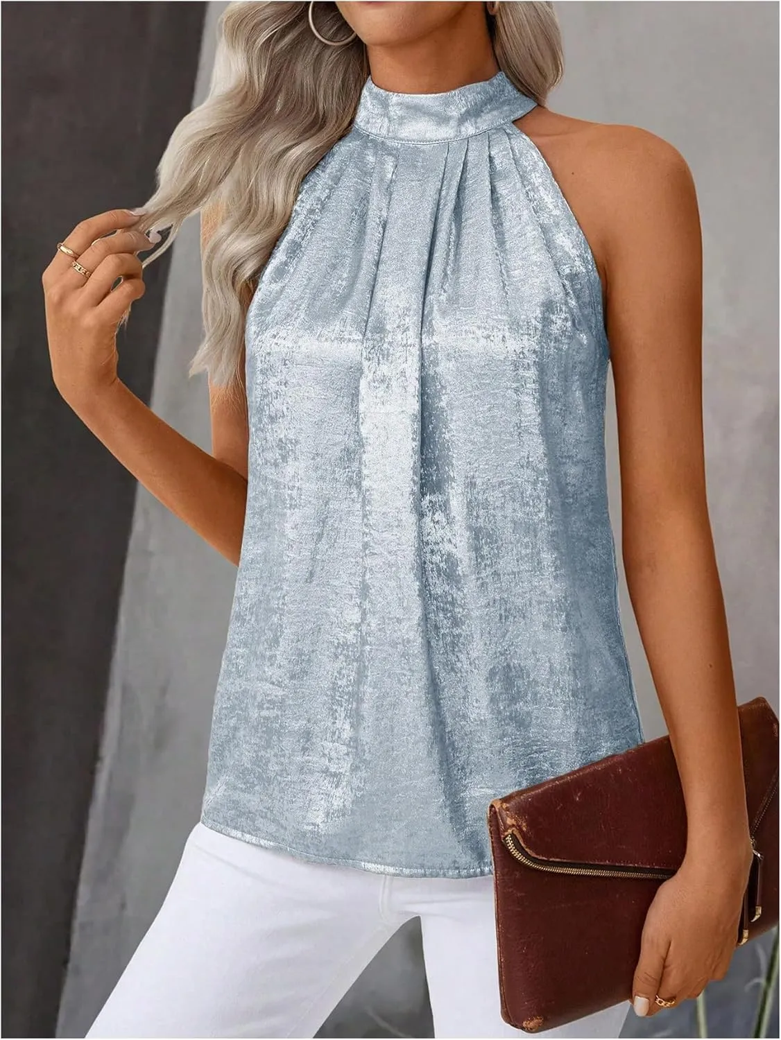 Women's Metallic Sleeveless Halter Tops Pleated Elegant Tank Top Casual Summer Work Shirts