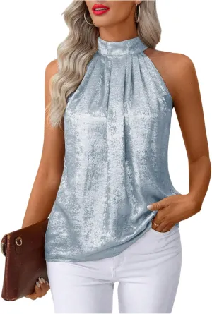 Women's Metallic Sleeveless Halter Tops Pleated Elegant Tank Top Casual Summer Work Shirts