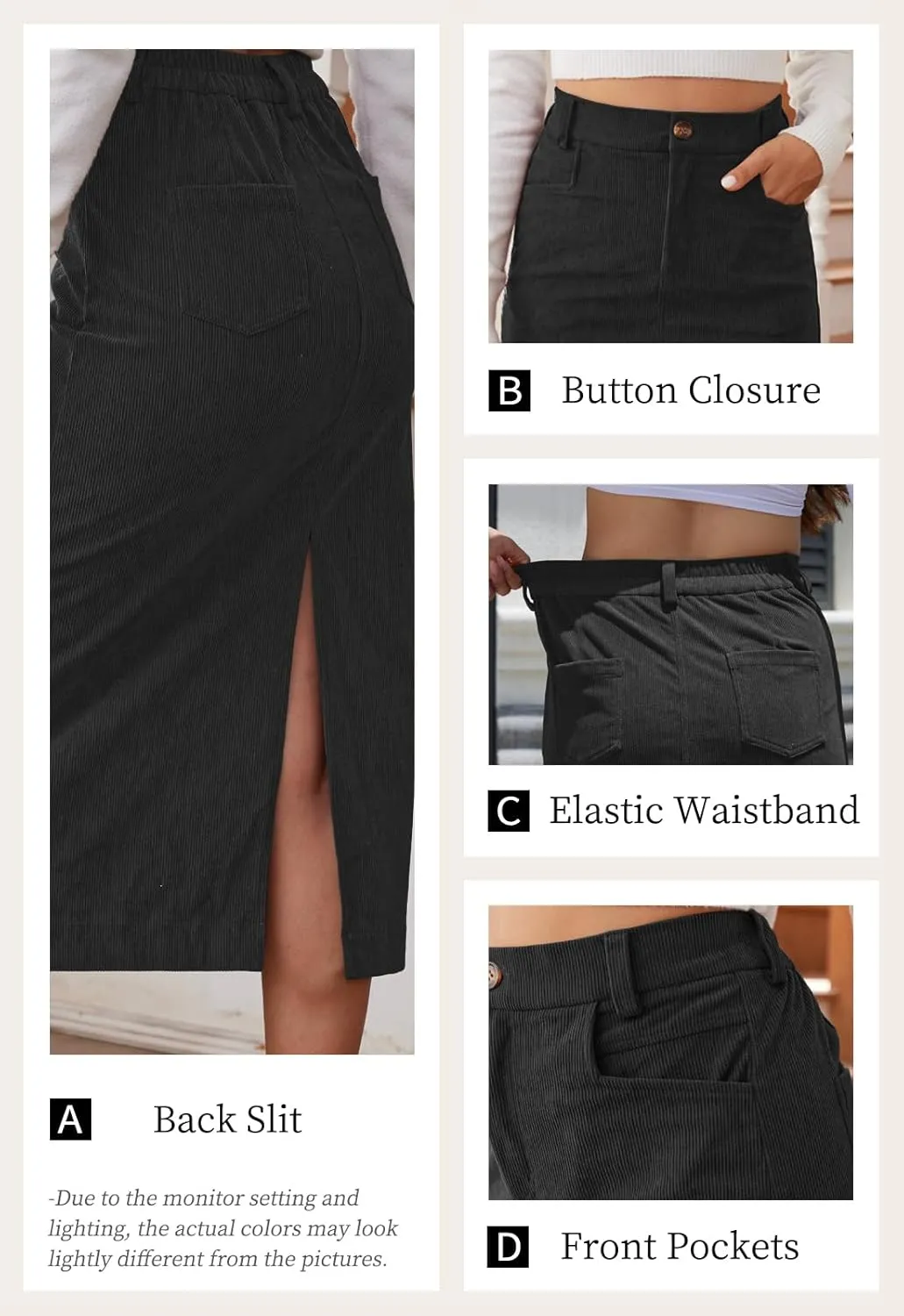 Womens Midi Corduroy Skirt Pencil Elastic High Waisted Back Slit Winter Long Skirts for Women with Pocket