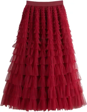 Women's Midi Skirt Elastic High Waist A-Line Ruffle Tiered Layered Mesh Puffy Long Maxi Skirt