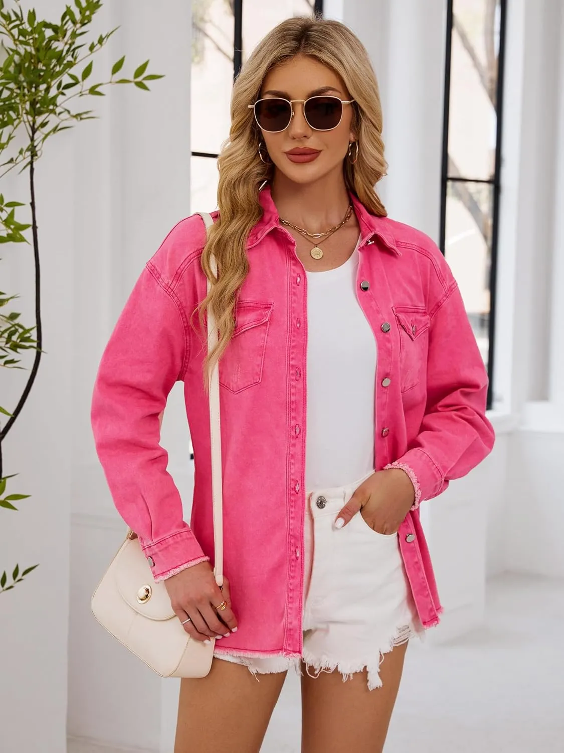 Womens Oversized Button Down Frayed Hem Denim Shacket Casual Long Sleeve Jean Jackets 2025 Spring Outfits