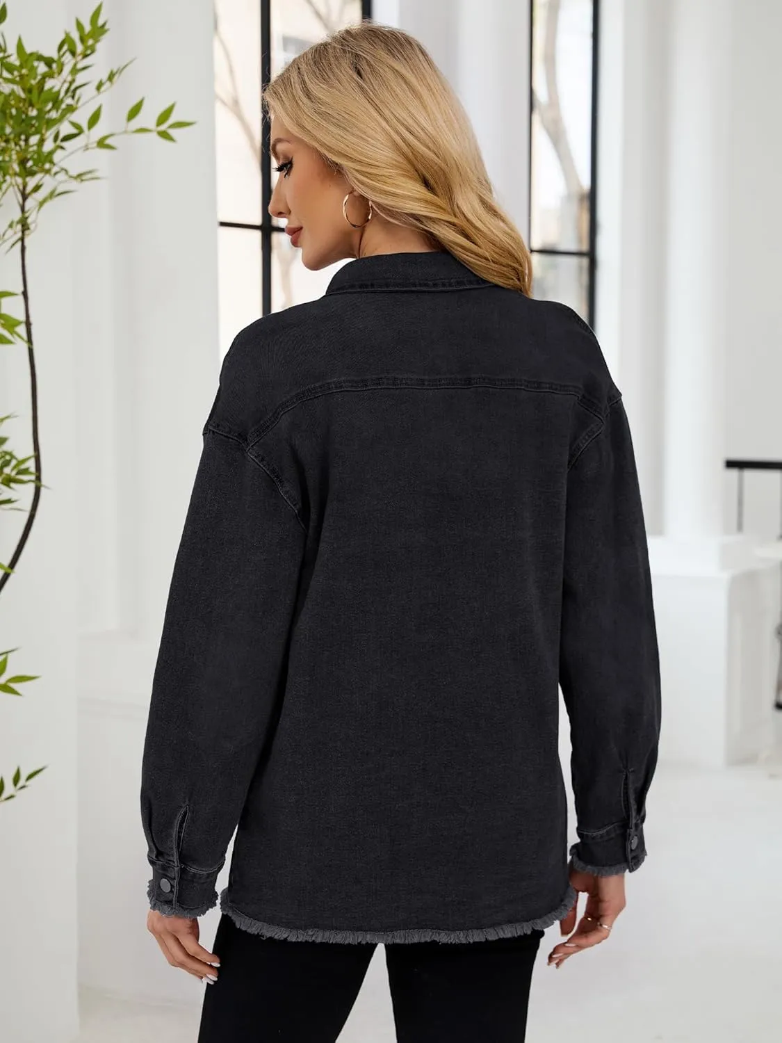 Womens Oversized Button Down Frayed Hem Denim Shacket Casual Long Sleeve Jean Jackets 2025 Spring Outfits