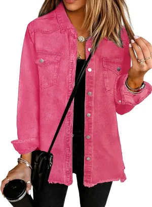 Womens Oversized Button Down Frayed Hem Denim Shacket Casual Long Sleeve Jean Jackets 2025 Spring Outfits