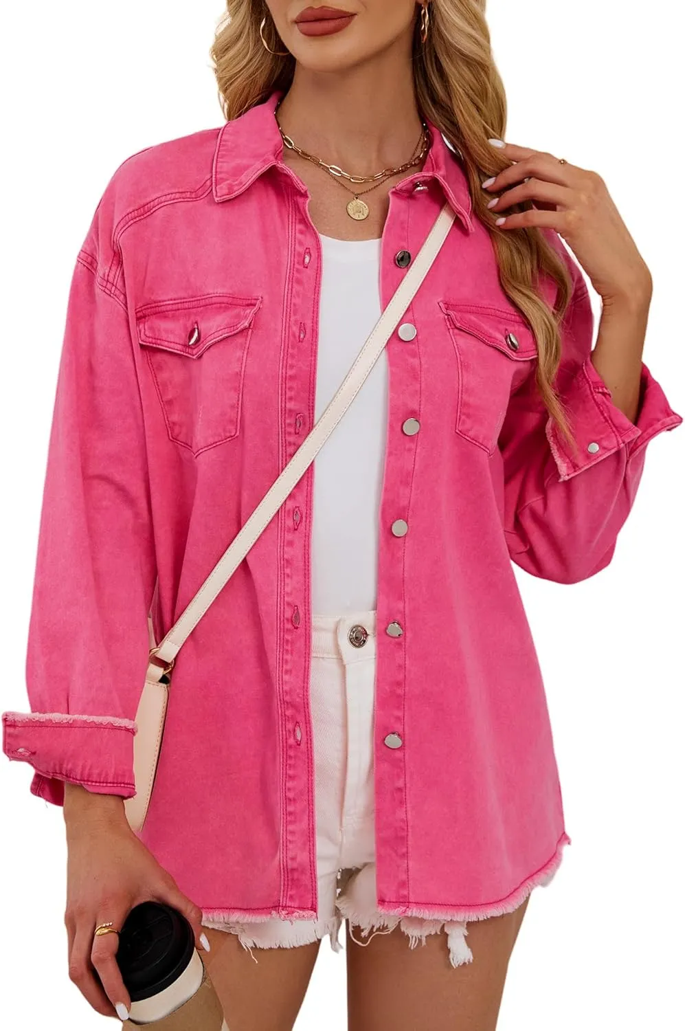 Womens Oversized Button Down Frayed Hem Denim Shacket Casual Long Sleeve Jean Jackets 2025 Spring Outfits
