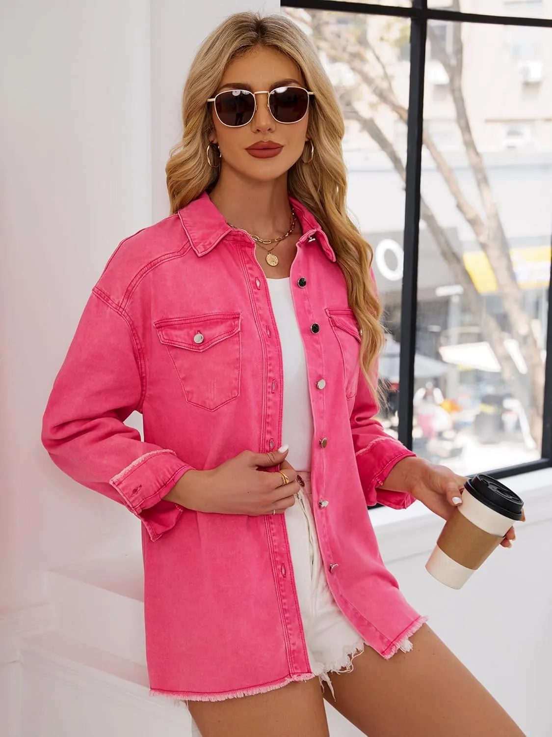 Womens Oversized Button Down Frayed Hem Denim Shacket Casual Long Sleeve Jean Jackets 2025 Spring Outfits