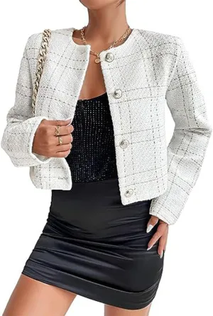 Women's Plaid Tweed Blazer Long Sleeve Open Front Cropped Blazer Elegant Work Office Short Jacket Coat