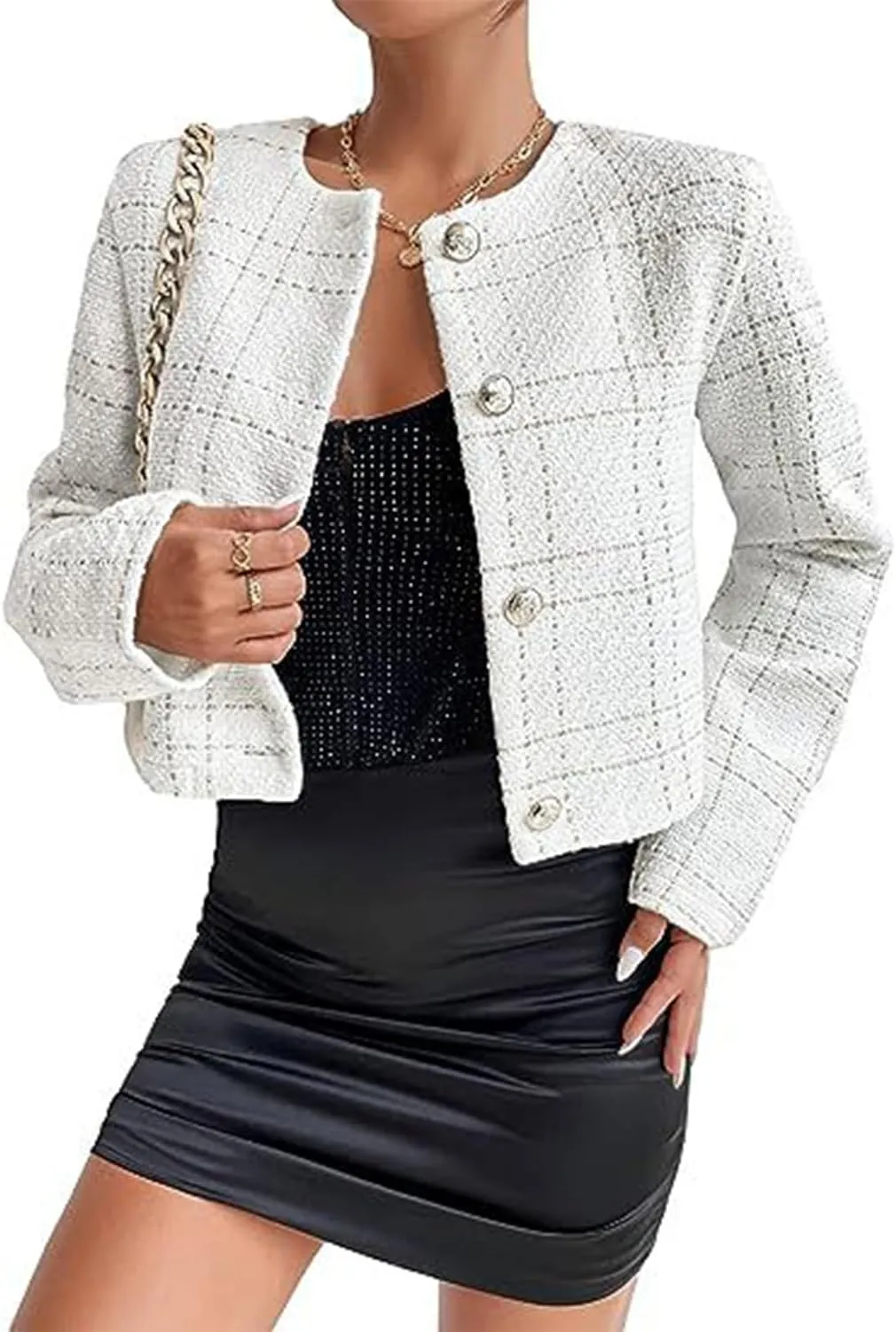 Women's Plaid Tweed Blazer Long Sleeve Open Front Cropped Blazer Elegant Work Office Short Jacket Coat
