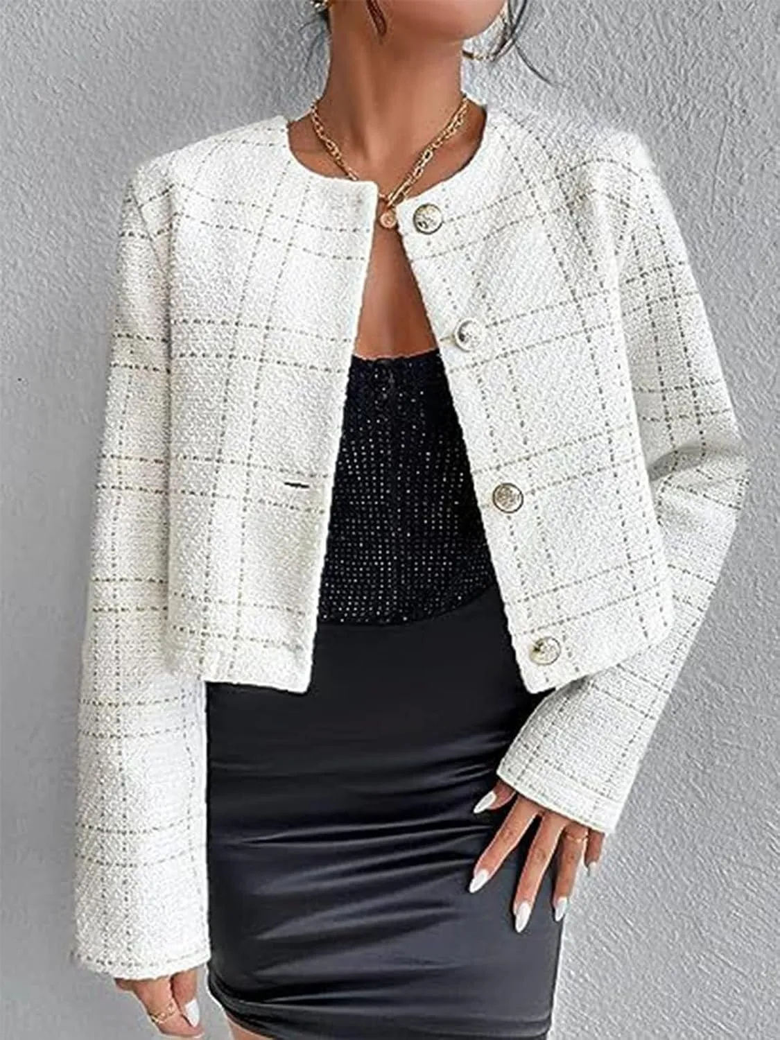 Women's Plaid Tweed Blazer Long Sleeve Open Front Cropped Blazer Elegant Work Office Short Jacket Coat