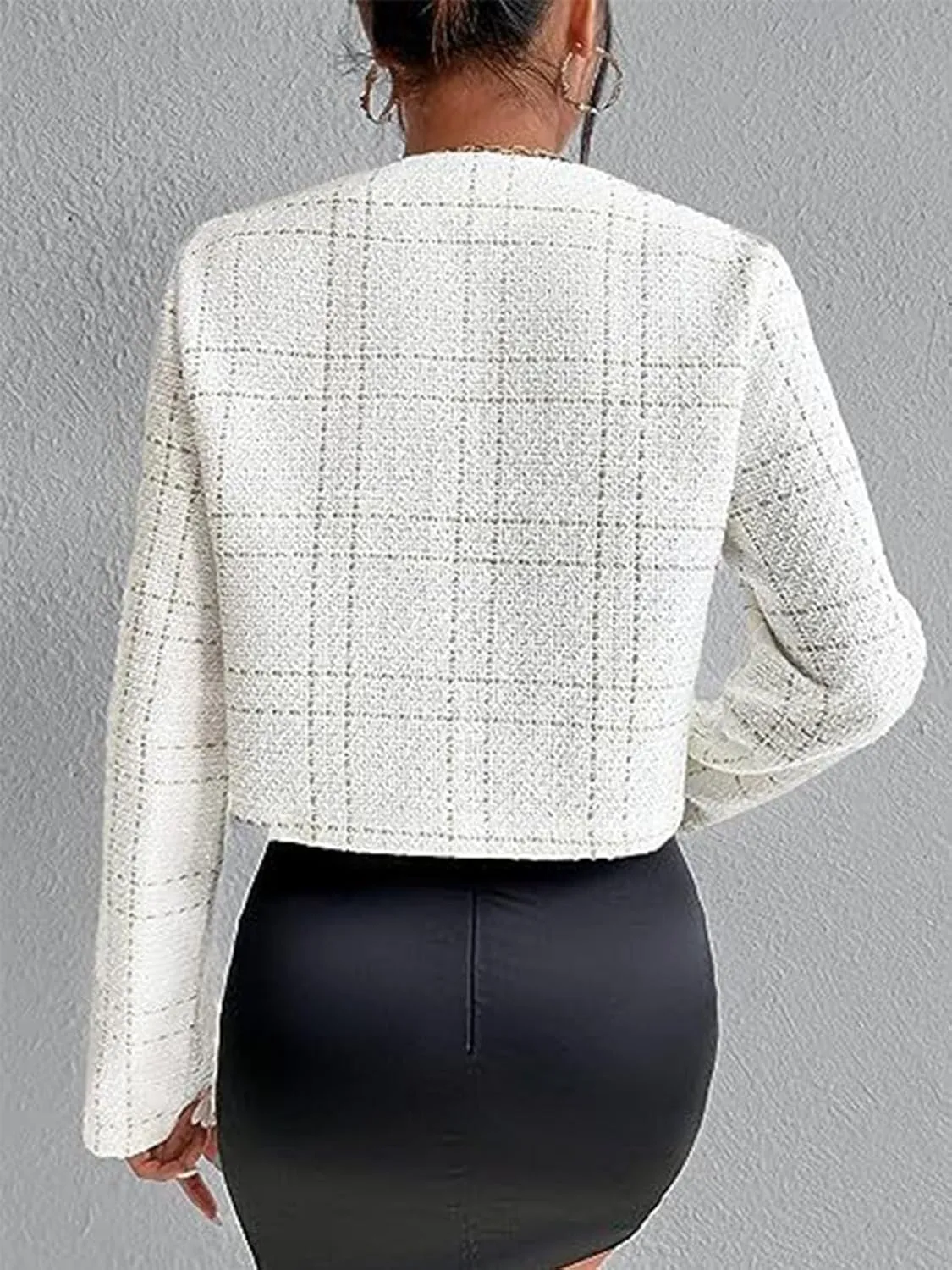 Women's Plaid Tweed Blazer Long Sleeve Open Front Cropped Blazer Elegant Work Office Short Jacket Coat