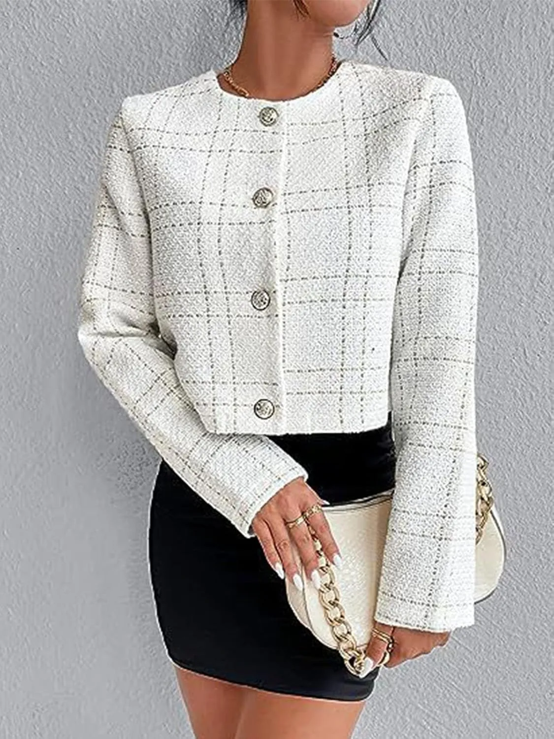 Women's Plaid Tweed Blazer Long Sleeve Open Front Cropped Blazer Elegant Work Office Short Jacket Coat