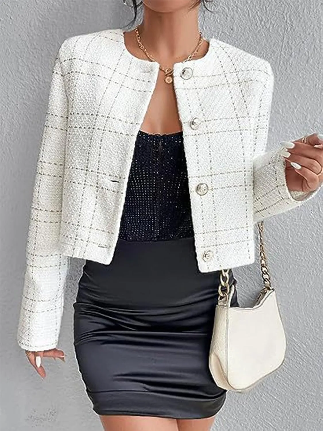 Women's Plaid Tweed Blazer Long Sleeve Open Front Cropped Blazer Elegant Work Office Short Jacket Coat