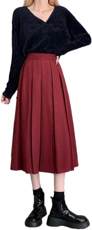 Women's Pleated A Line Midi Skirt High Waist Skirts