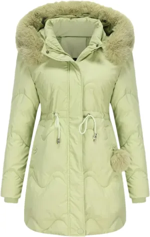Women's Plush Hooded Collar Cotton-Padded Jacket Casual Drawstring Waist Pockets Parka Coat