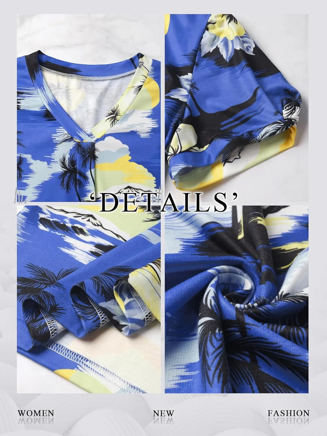 Womens Puff Short Sleeve Hawaiian Shirts Floral Tropic Printed Pleated V Neck Summer Casual T-Shirt Trendy Boho Blouses Tops