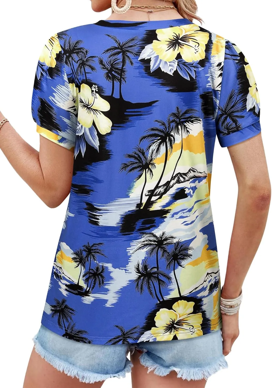 Womens Puff Short Sleeve Hawaiian Shirts Floral Tropic Printed Pleated V Neck Summer Casual T-Shirt Trendy Boho Blouses Tops