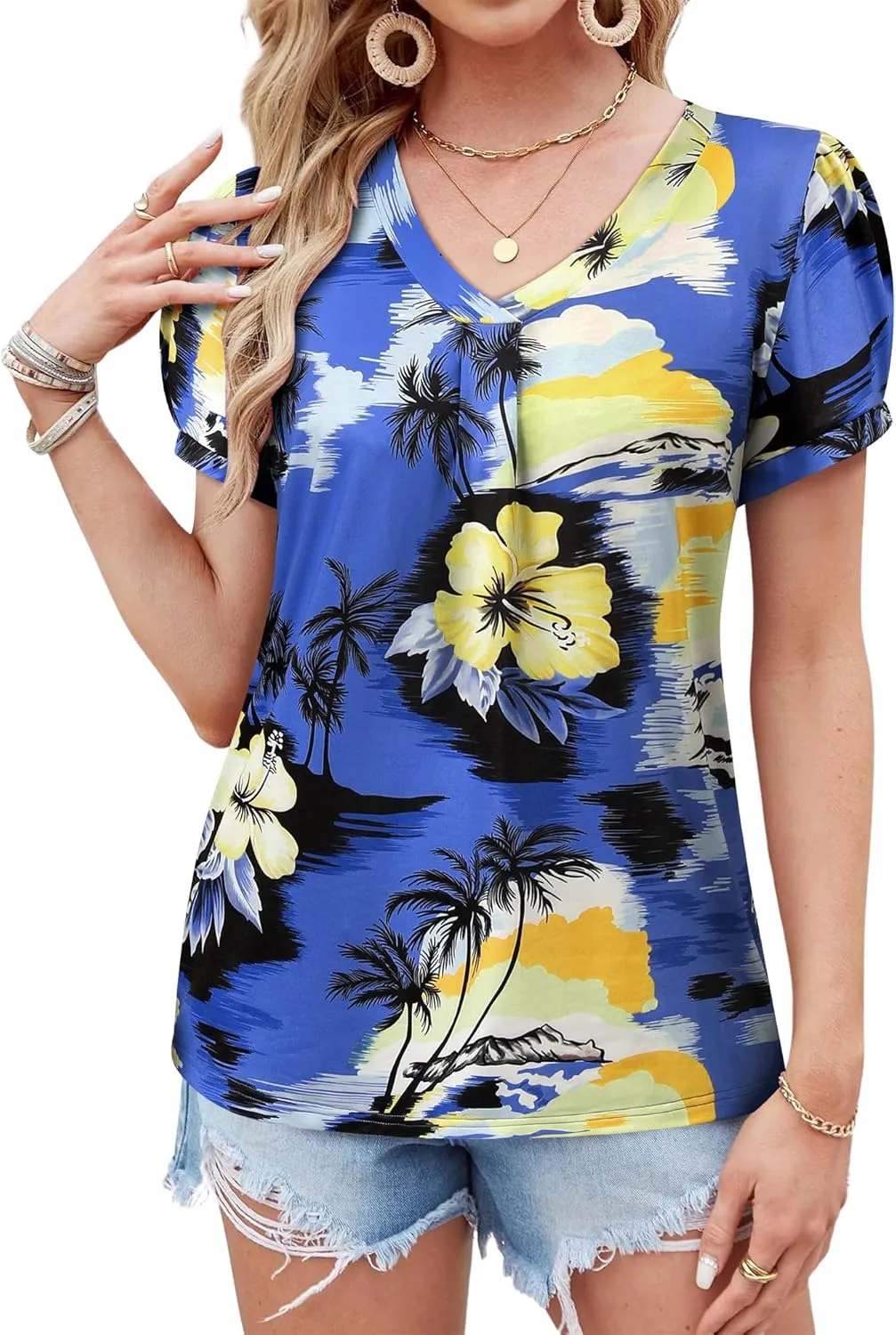 Womens Puff Short Sleeve Hawaiian Shirts Floral Tropic Printed Pleated V Neck Summer Casual T-Shirt Trendy Boho Blouses Tops