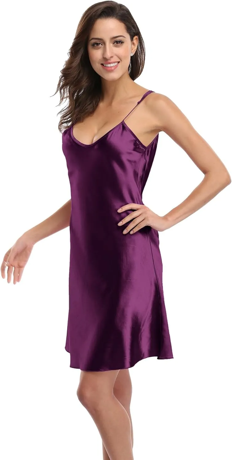 Women's Satin Lingerie Sexy V-Neck Sleepwear Nightdress Full Slip Dress Spaghetti Strap Nightgown Sleepshirt