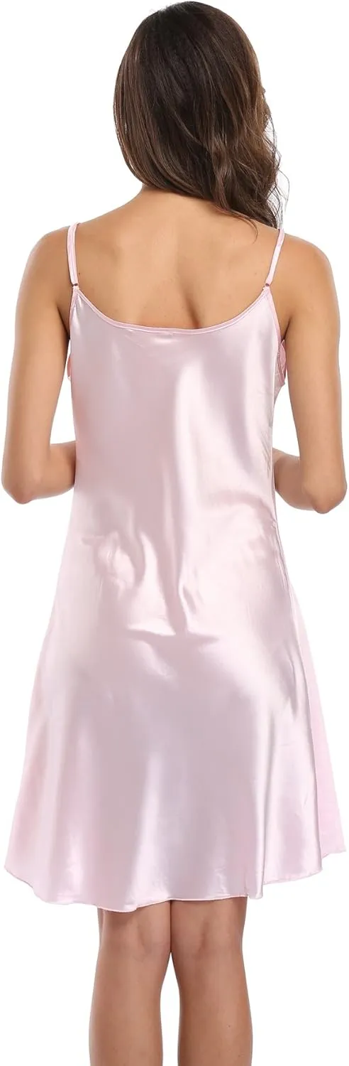 Women's Satin Lingerie Sexy V-Neck Sleepwear Nightdress Full Slip Dress Spaghetti Strap Nightgown Sleepshirt