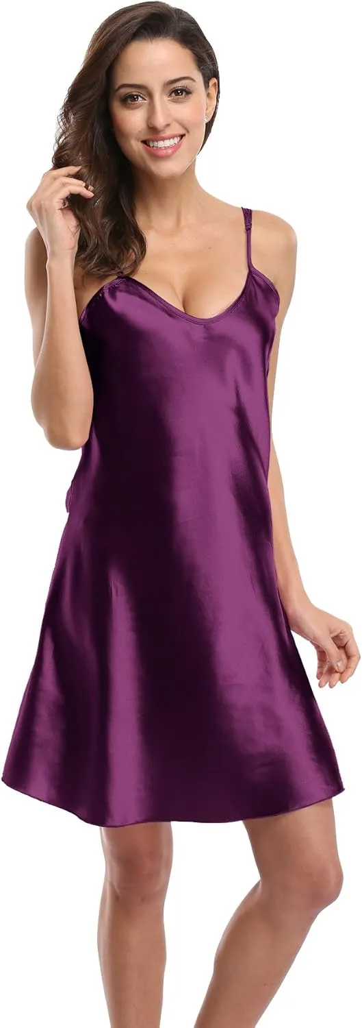 Women's Satin Lingerie Sexy V-Neck Sleepwear Nightdress Full Slip Dress Spaghetti Strap Nightgown Sleepshirt