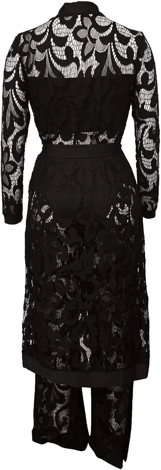 Women's Sexy Floral Lace 3 Piece See Through Wide Leg Pants Tube Top Long Kimono Robe Cover Up Coats Sets Elegant Suits