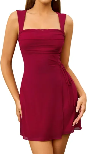 Women's Sexy Mesh Short Dress Square Neck Ruched Backless Party Cocktail Mini Dresses for 2025