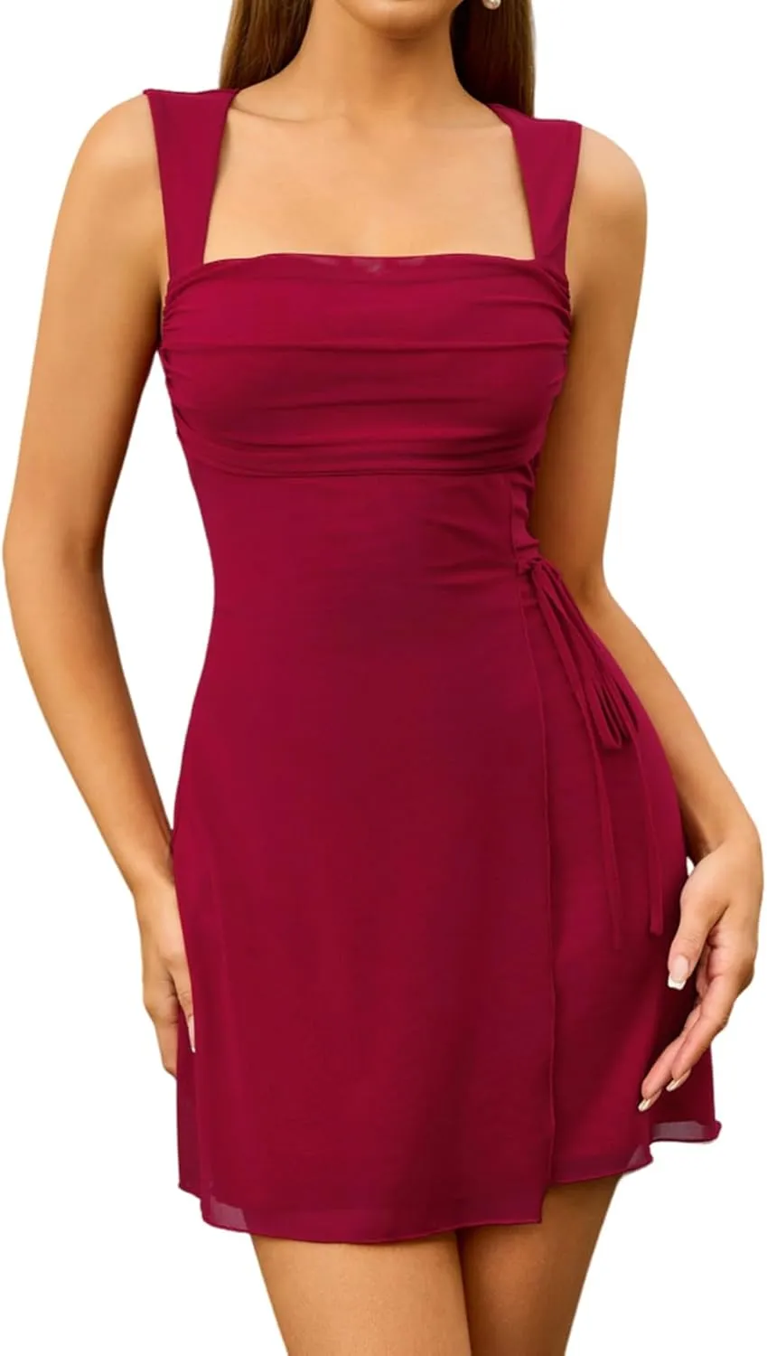 Women's Sexy Mesh Short Dress Square Neck Ruched Backless Party Cocktail Mini Dresses for 2025