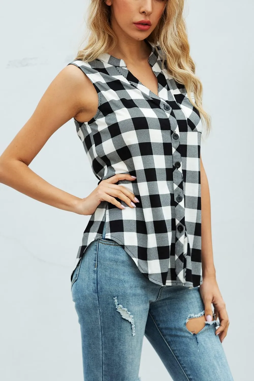Women's Sleeveless Button Down V Neck Casual Plaid Shirts Tank Tops Blouse
